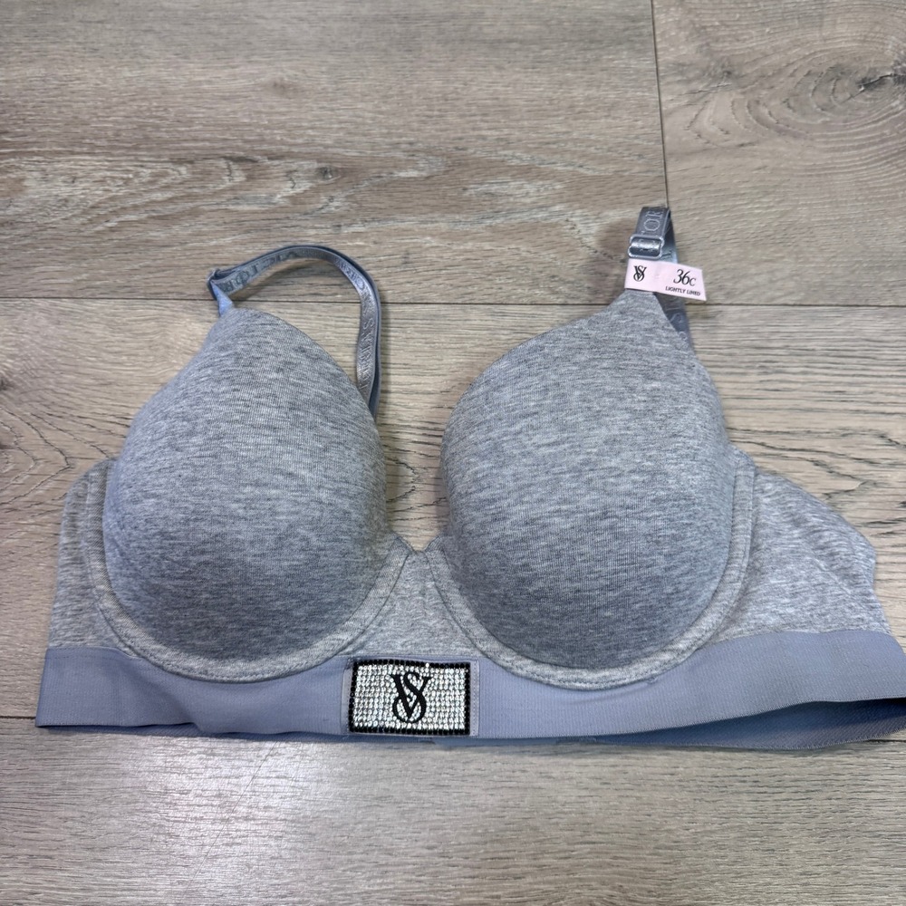 Victoria's Secret T-Shirt Lightly Lined Demi Bra 36C Heather Gray Rhinestone